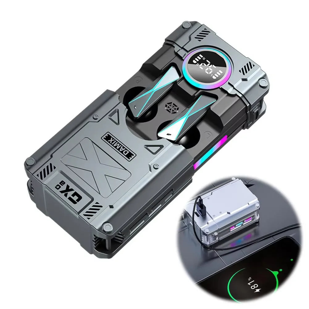 New 2026 DX-08 Mecha Wireless Earbuds Bluetooth 5.3 RGB LED Power Display 72H Playtime Low Latency Gaming Earphones