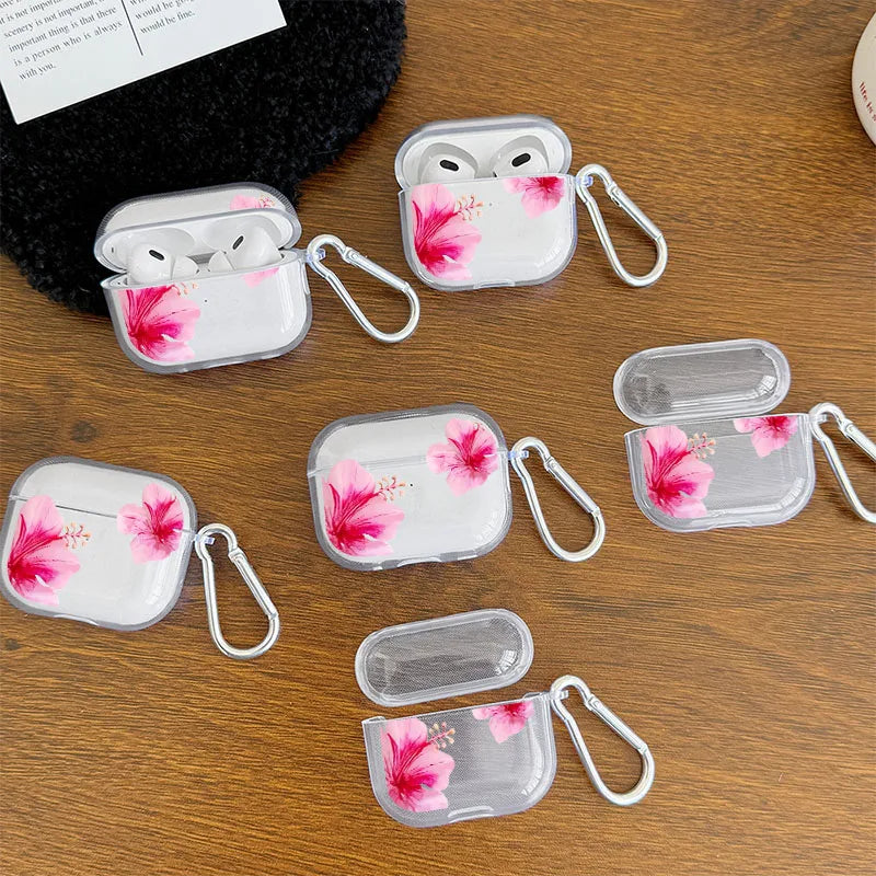 Pink Hibiscus Flower Clear Case for AirPods 4/3/2/1 Earphone Case with Carabiner,Airpod Pro2/Pro3/Pro Shockproof Headphone Case