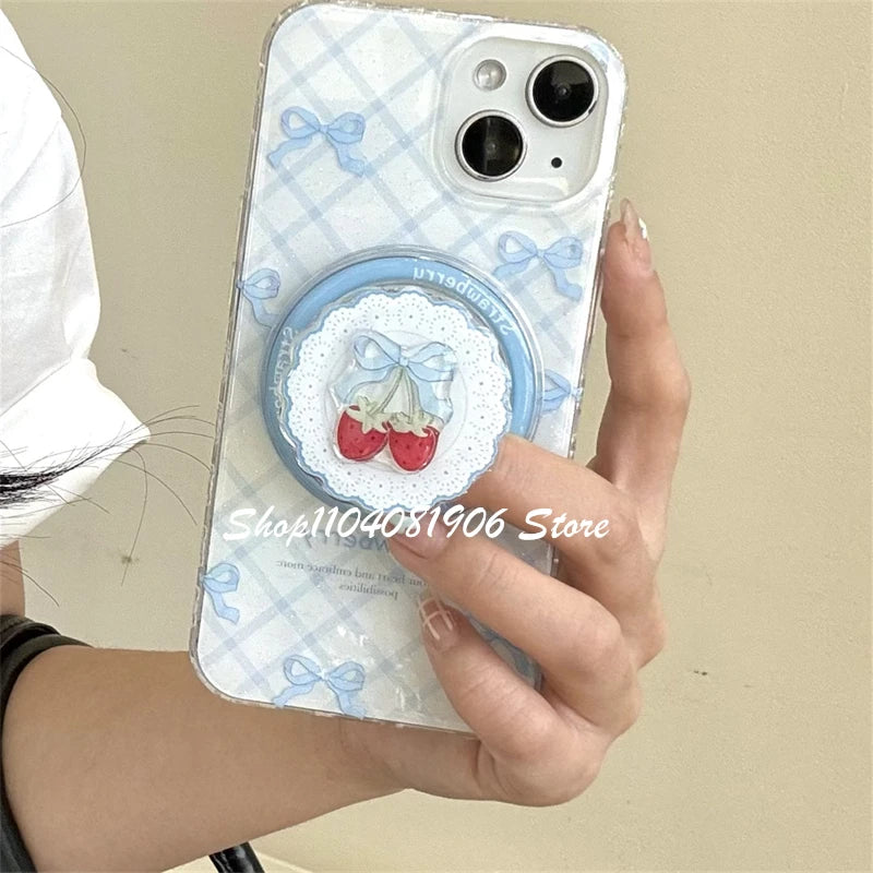 Korean Cute Cartoon Bowknot Strawberry Magnetic Holder Phone Stand Griptok Grip Tok Support For iPhone For Magsafe Accessories