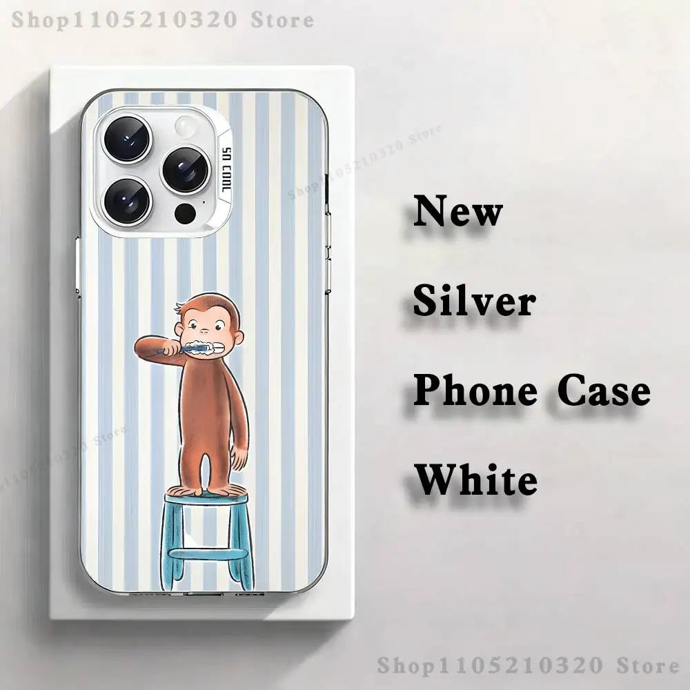 Curious G-George Monkey Phone Case For iPhone 17,16,15,14,13,12,X,8,Pro,Max,Plus,E,SE4,Air,Mini White IMD Matte