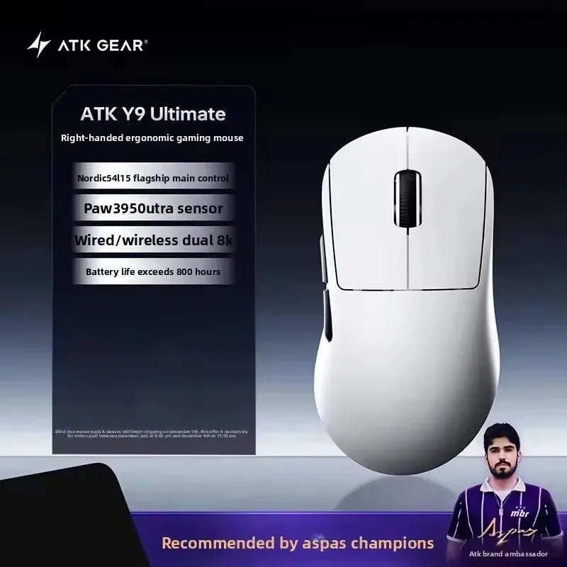 ATK Y9 Ultimate Tri-Model Right-Hand Wireless Gaming Mouse Dual 8KHz Lightweight PAW3950UItra Ergonomics E-sports Custom