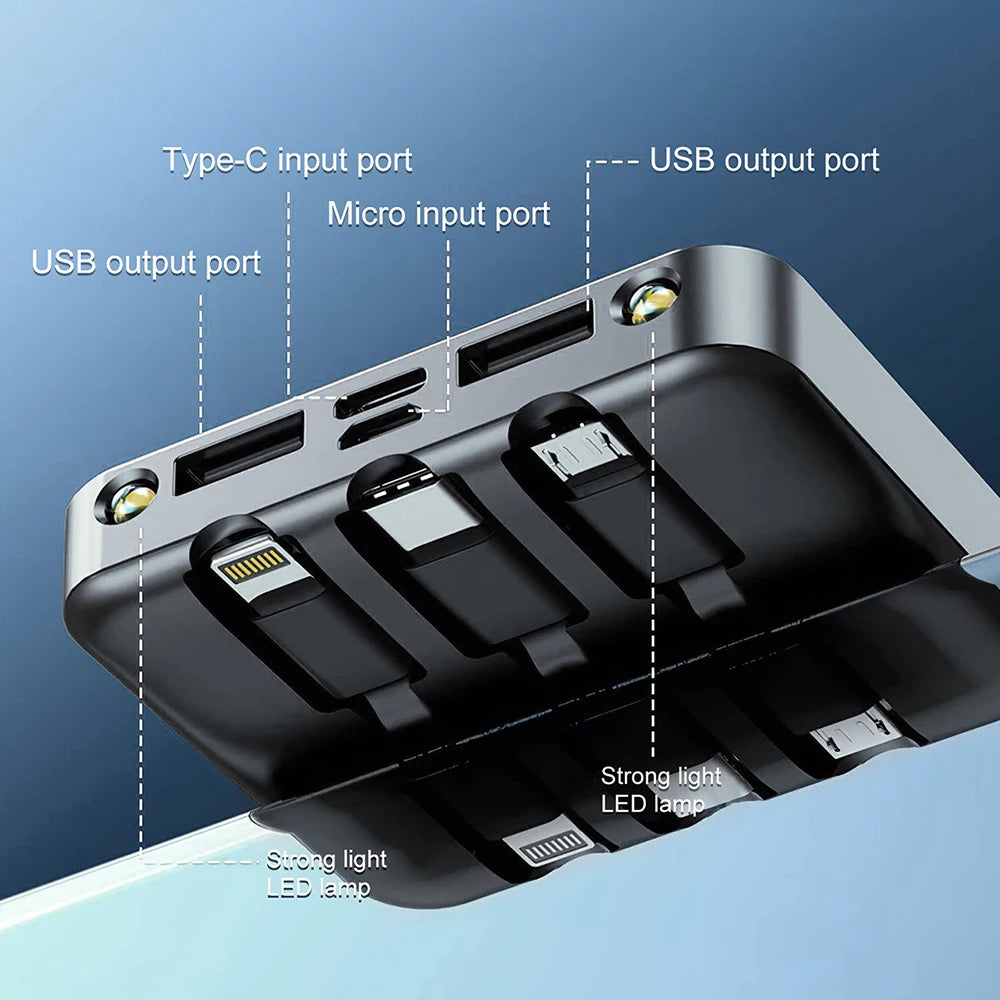 Power Bank High Capacity External Battery Fast Charger with 4 cable and LED Light for iPhone