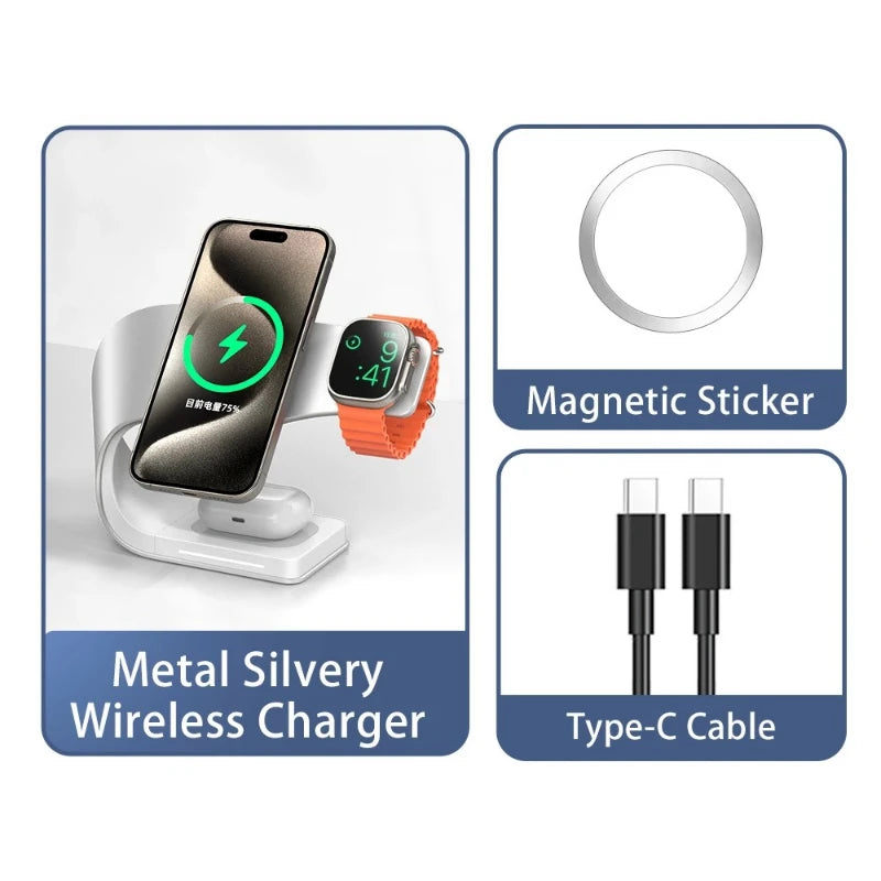 4 in 1 Wireless Charger Metal Shell Magnetic 15W Fast Charging Station Stand with LED Light for iPhone 12-16 17 Mobile Phones