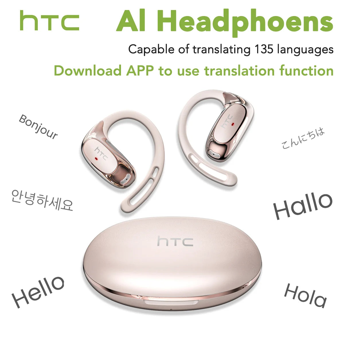 HTC NE35 Wireless Headphones OWS Bluetooth V6.0 Earphones with Mic HD Call Bass Longlife Sports Earhook AI Translator Earbuds