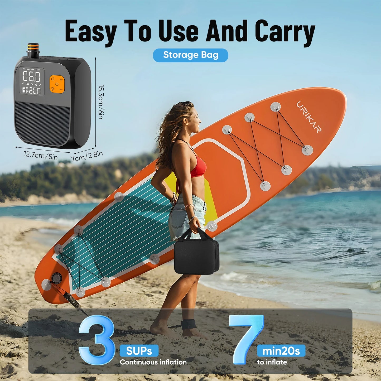 SUP Electric Pump 25PSI Electric SUP Air Pump with LED Light 12V DC 8000mAh Power Bank for Inflatable Paddle Boards Tents