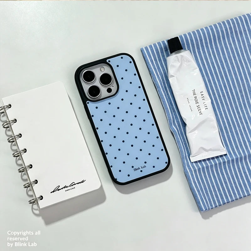 INS Korea Trendy Niche Polka Dot Blue Phone Case For iPhone 17 Air 16 15 14 12 13 11Pro Max Mini Plus Anti Drop Protective Cover