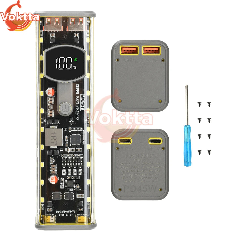 PD 45W Super Fast Charging Transparent Power Bank Battery Shell Welding Free 8 sections 18650 Battery Box With Outdoor Light