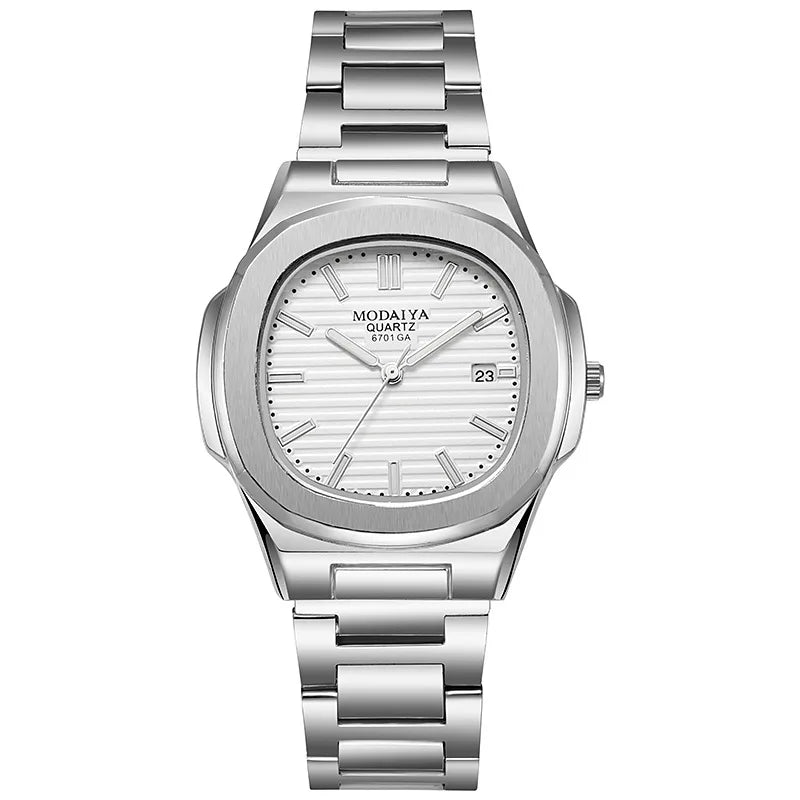Fashion Luxury Business Square Quartz Watches Classic Stripe Design Dial with Stainless Steel Band Wristwatch for Men Relogio