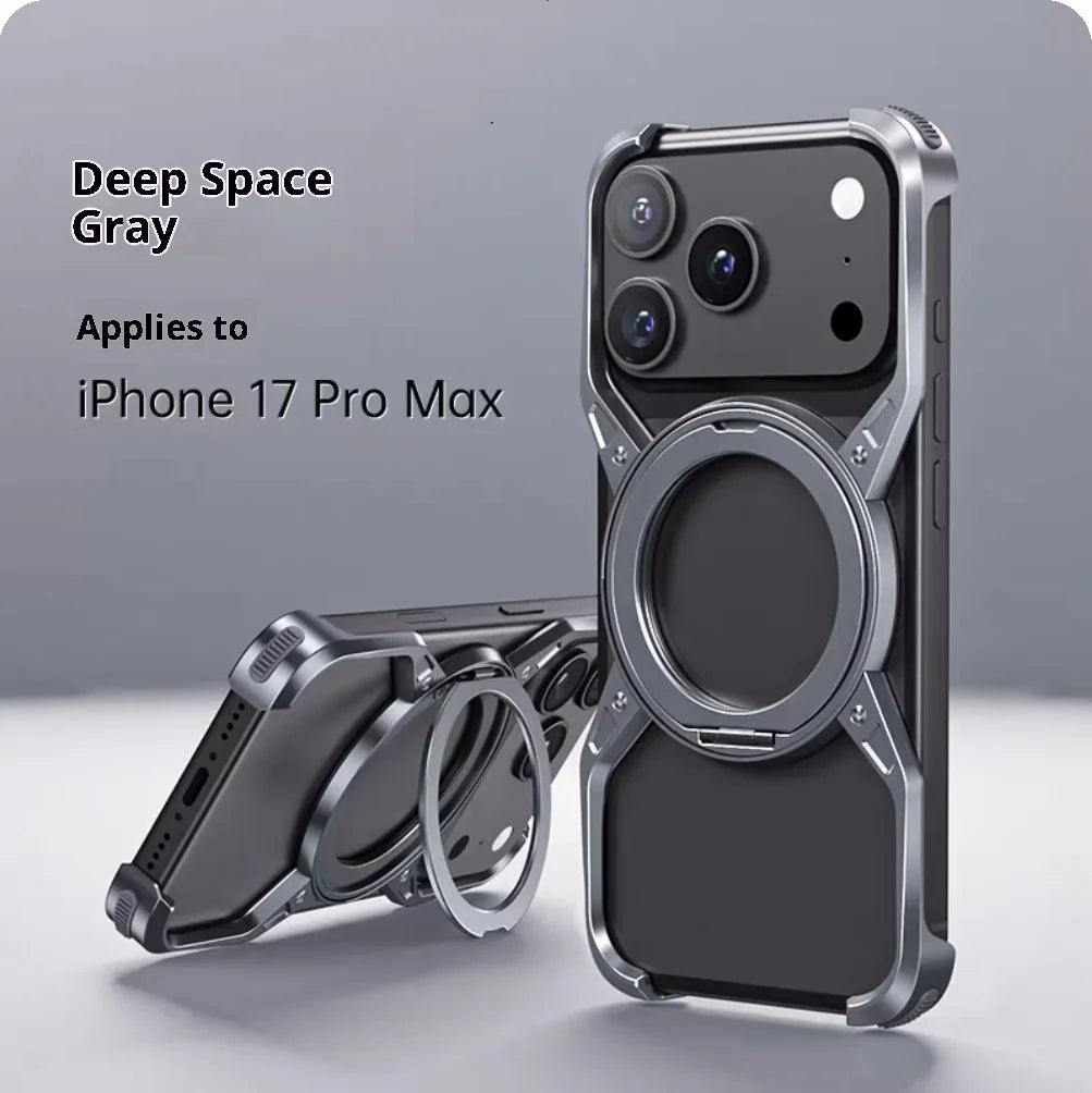For iPhone 17 Pro Max 17Pro For MagSafe Orange Aluminum Alloy Magnetic Stand Phone Case Removable Metal Rimless Bumper Cover