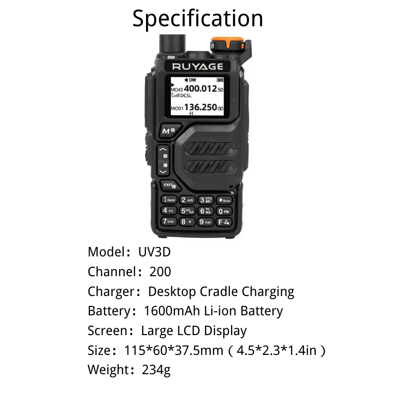 Ruyage UV3D 5W VHF UHF Analog Long Range Two Way Radio Walkie Talkie