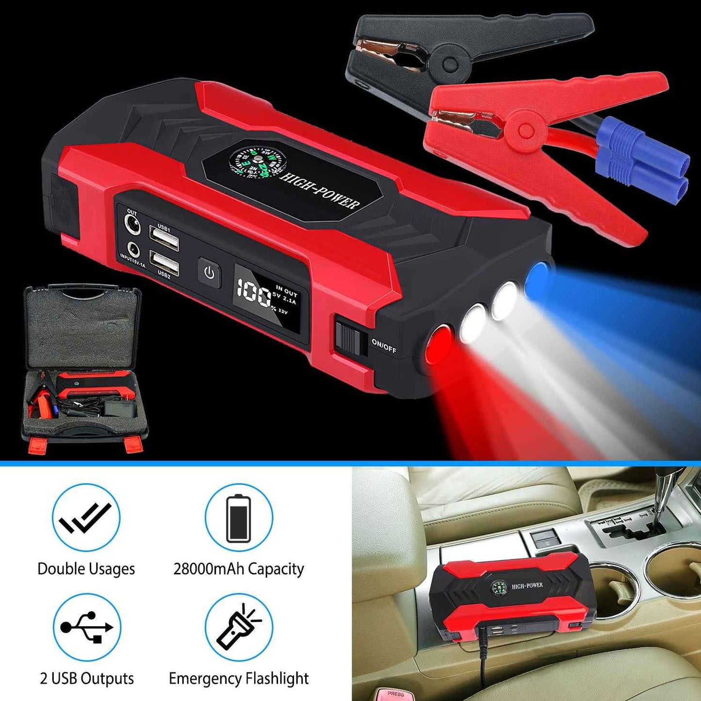 Car Jump Starter 800A 28000mAh with LCD & LED Light