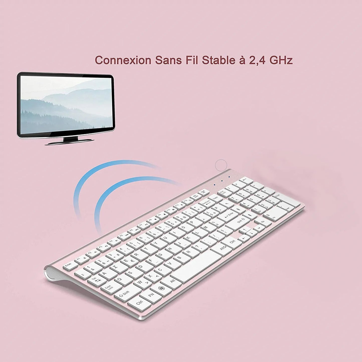 Wireless Keyboard (AZERTY) 2.4G USB Ultra-Thin Keyboard,Portable Silent Ergonomic French Keyboard for PC Laptop-Pink/Grey/Silver
