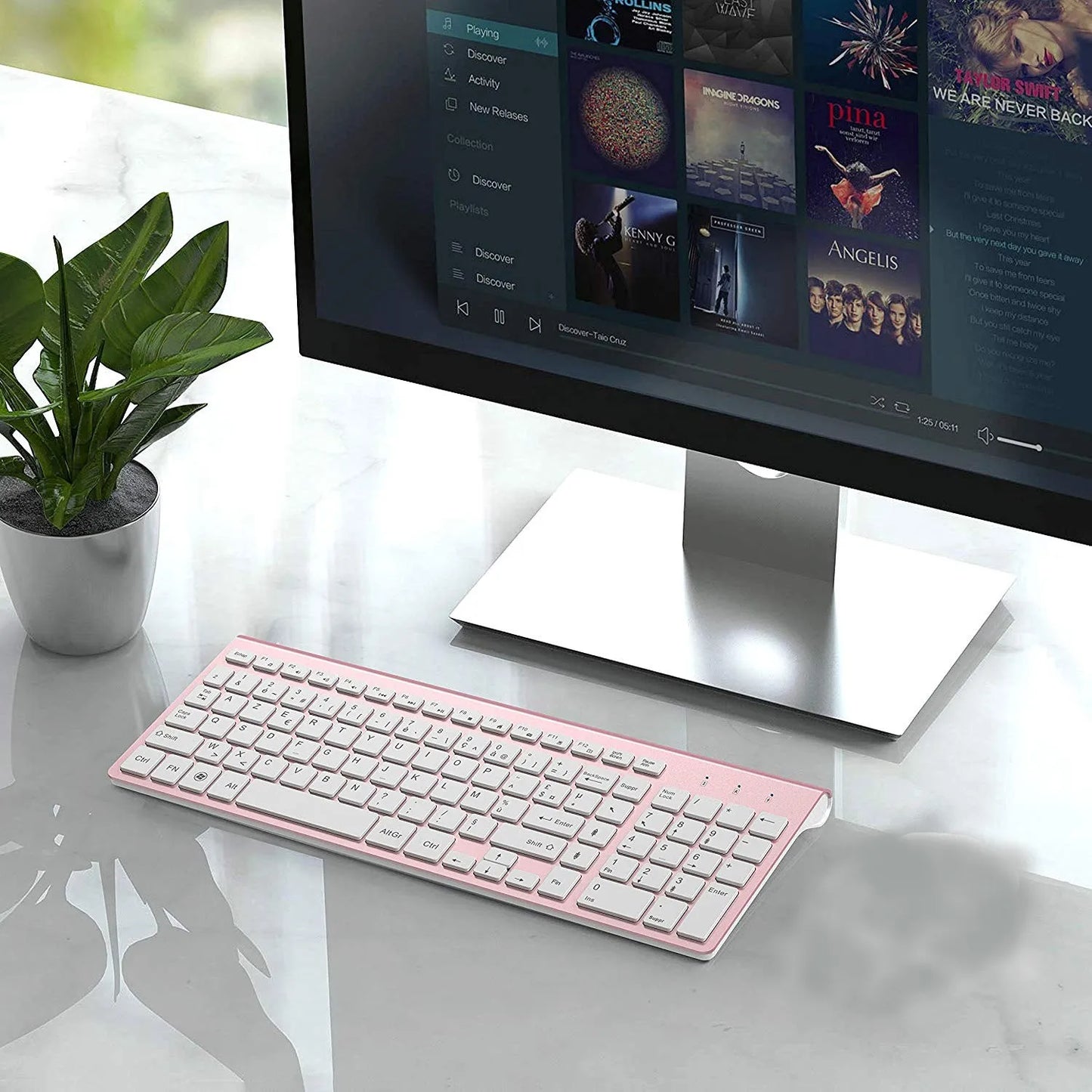 Wireless Keyboard (AZERTY) 2.4G USB Ultra-Thin Keyboard,Portable Silent Ergonomic French Keyboard for PC Laptop-Pink/Grey/Silver