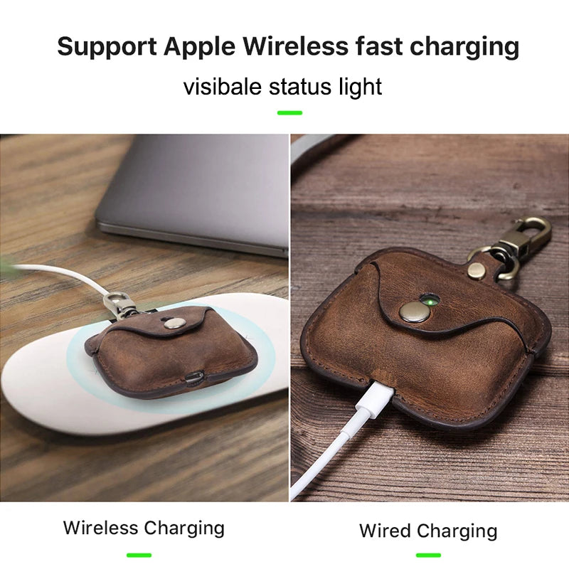 Luxury Genuine Leather Case For Apple Airpods Pro  Airpods 2 / 1 Wireless Earphone Cases funda Airpod Cover with Key Chain Hook