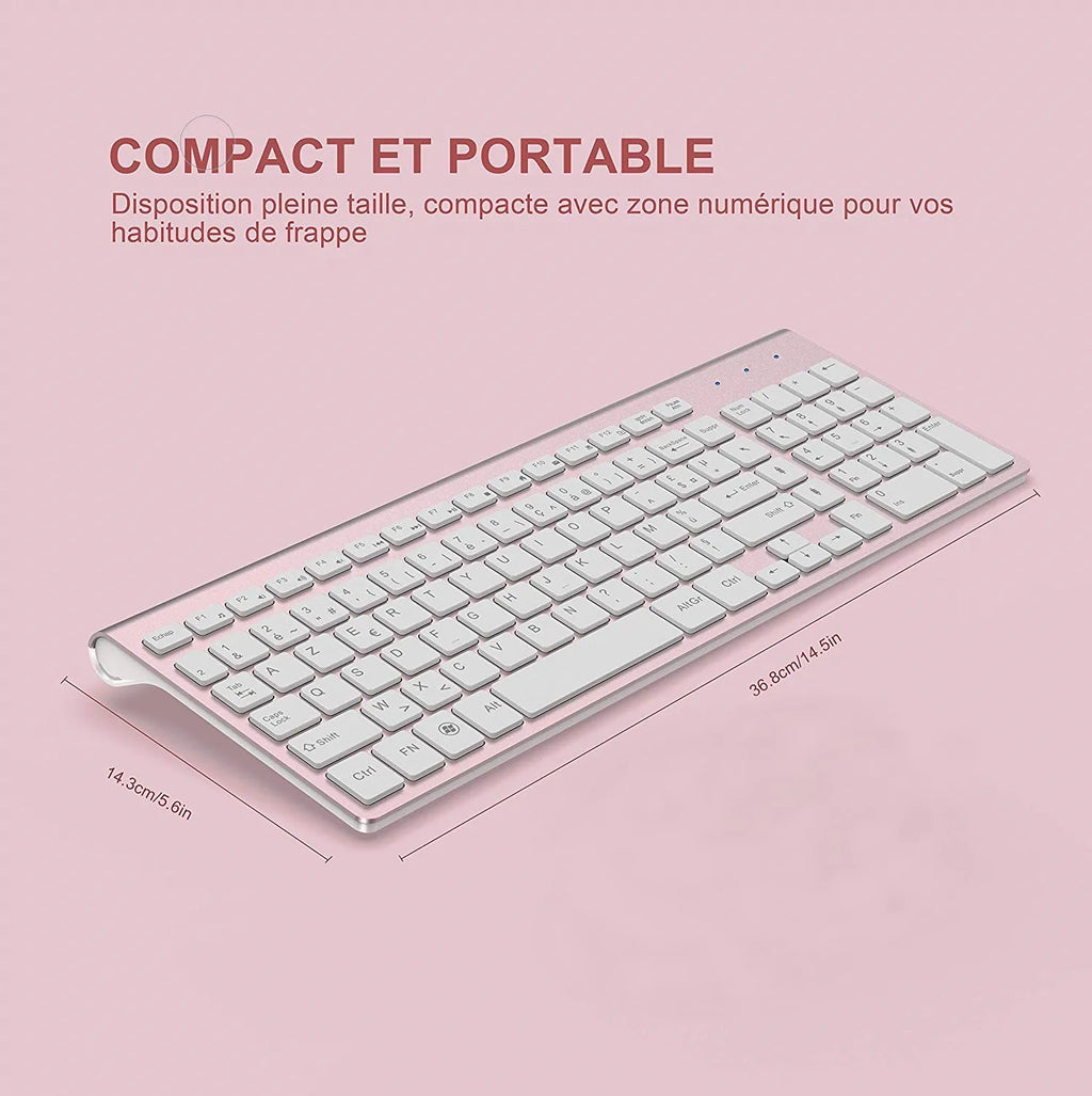 Wireless Keyboard (AZERTY) 2.4G USB Ultra-Thin Keyboard,Portable Silent Ergonomic French Keyboard for PC Laptop-Pink/Grey/Silver