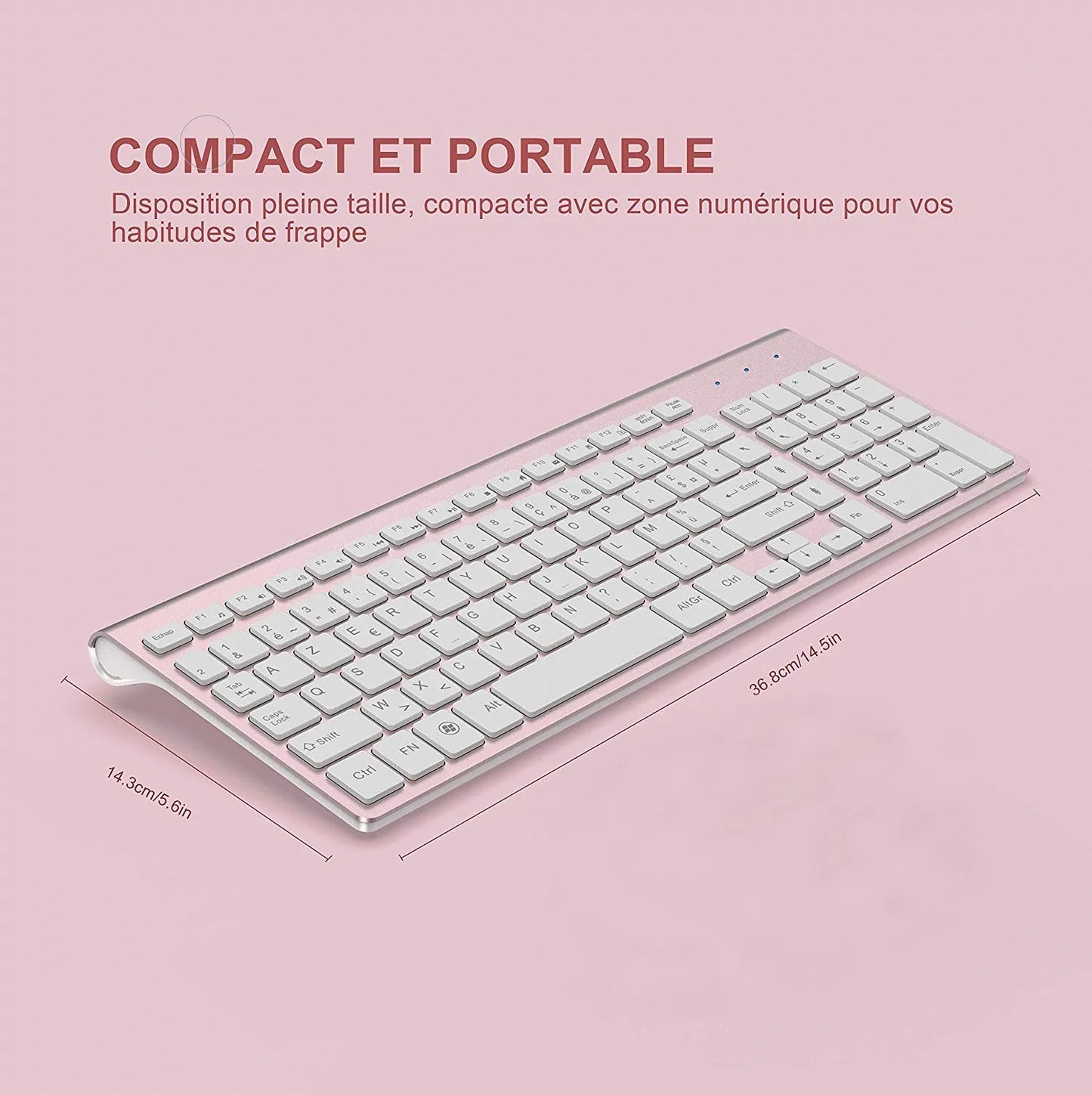 Wireless Keyboard (AZERTY) 2.4G USB Ultra-Thin Keyboard,Portable Silent Ergonomic French Keyboard for PC Laptop-Pink/Grey/Silver