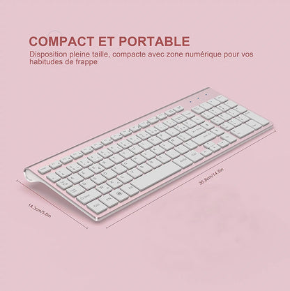 Wireless Keyboard (AZERTY) 2.4G USB Ultra-Thin Keyboard,Portable Silent Ergonomic French Keyboard for PC Laptop-Pink/Grey/Silver