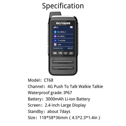 Ruyage CT68 IP67 Waterproof Nationwide LTE Push-to-Talk Two Way Radio