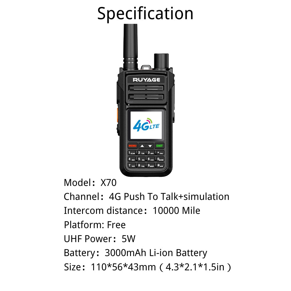 Ruyage X70 Dual Mode Long Range Radio Analog + 4G LTE PTT Walkie Talkie
