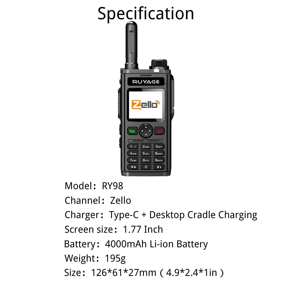 Ruyage RY98 Zello Push-to-Talk 4G LTE Long Range PoC Radio
