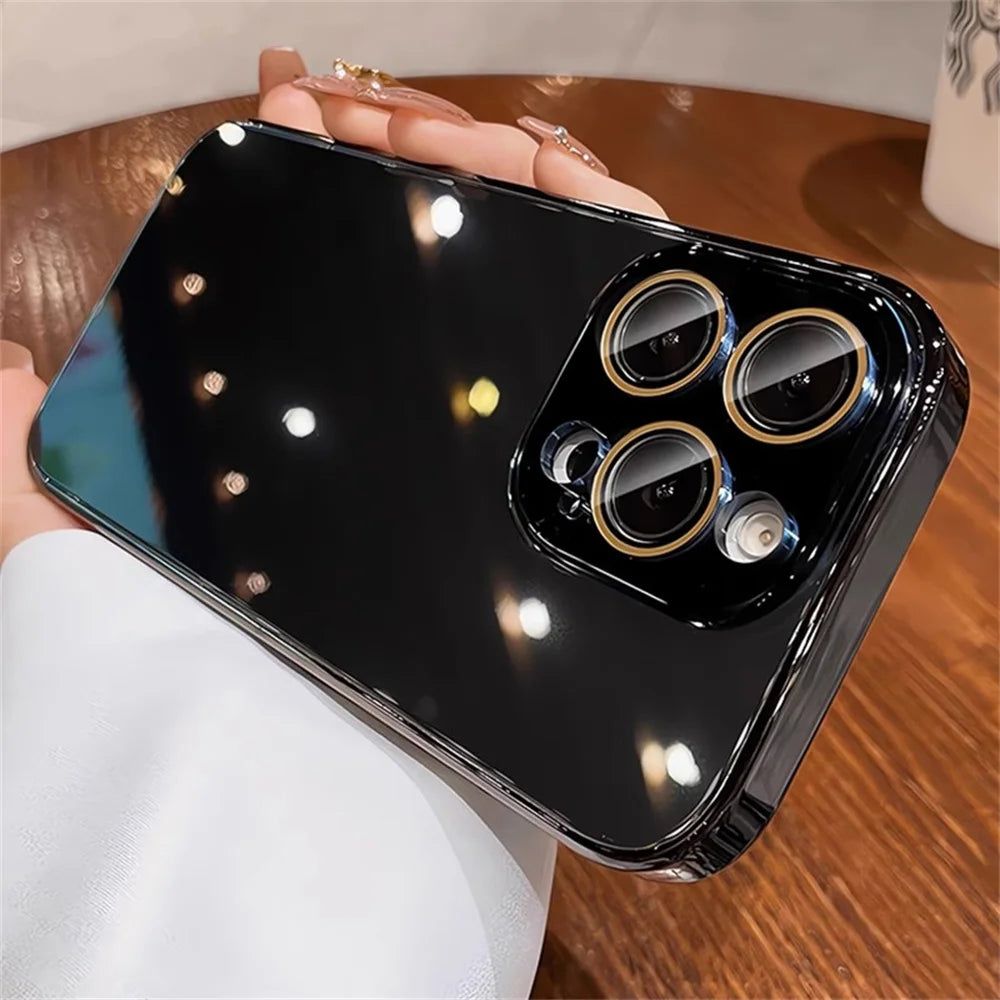 Luxury Plating Bumper Armor Glossy Case For iPhone 11 12 13 14 15 16 17 Pro Max Crystal Glass Lens Protection Hard Cover