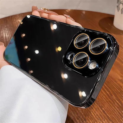 Luxury Plating Bumper Armor Glossy Case For iPhone 11 12 13 14 15 16 17 Pro Max Crystal Glass Lens Protection Hard Cover