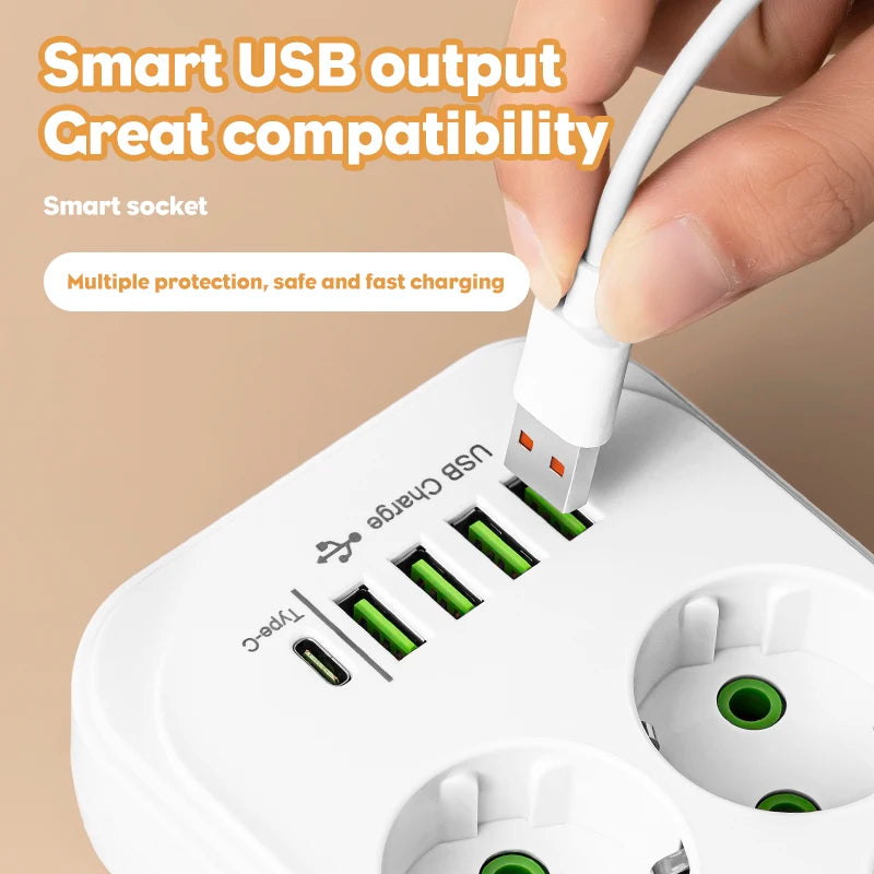 EU Plug AC Outlets Multitap Socket 2M Extension Cord Electrical Power Strip USB Type C Fast Charging Network Filter Adapter 1pc