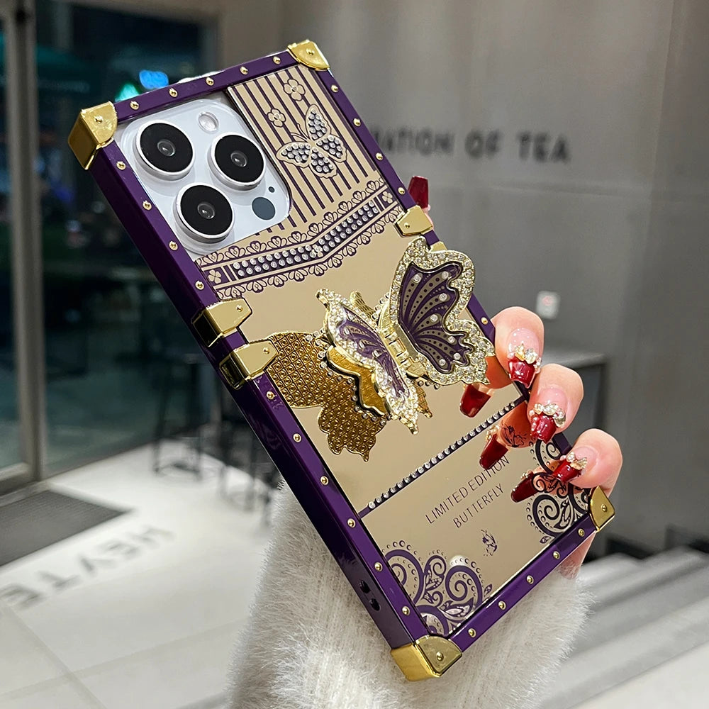 Luxury Diamond Butterfly Bracket Stand Phone Case For iPhone 16 15 Pro Max 14 13 12 11 Mirror Shockproof Protection Bumper Cover