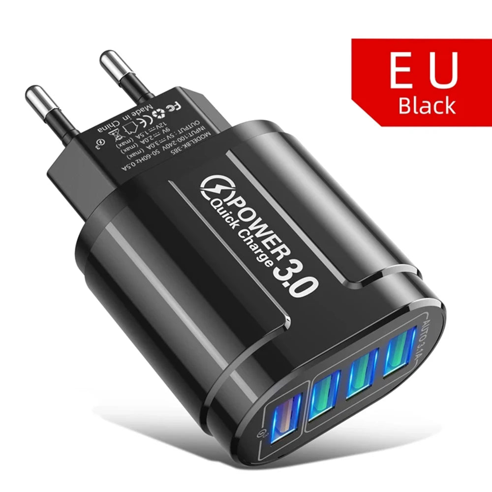 48W QC3.0 Quick Charger 4USB EU Standard Travel Portable 4 Port Fast Charging Suitable For Android iPhone Xiaomi Other Devices
