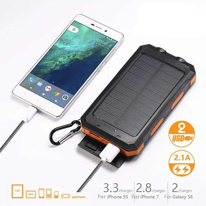 Solar Power Bank 200000mAh Waterproof Portable Solar Panel Powerbank External Battery Charger Powerbank with LED Camping Light