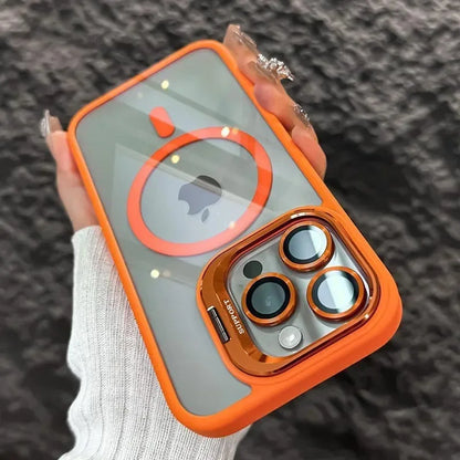 Luxury Lens Holder Transparent Magnetic Wireless Charge Case For iPhone 11 12 13 14 15 16 17 Air Pro Max Plus Shockproof Cover