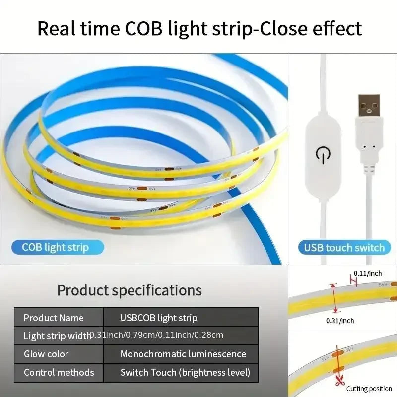 COB Light LED Strip 5V Diode DIY Lamp Tape USB Flexible Ribbon Touch Sensor Control Dimmer Linear Lightings 320LED High Density