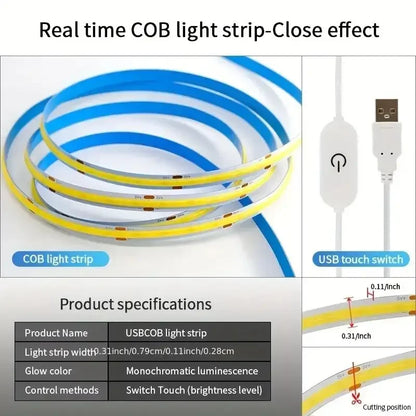 COB Light LED Strip 5V Diode DIY Lamp Tape USB Flexible Ribbon Touch Sensor Control Dimmer Linear Lightings 320LED High Density