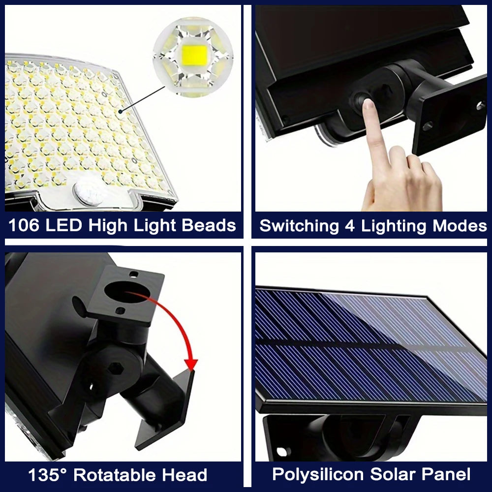 106LED Solar Outdoor Lights Motion Sensor Remote Wall Flood Lamp Security Waterproof Patio Garden Garage Fence Pathway Lighting
