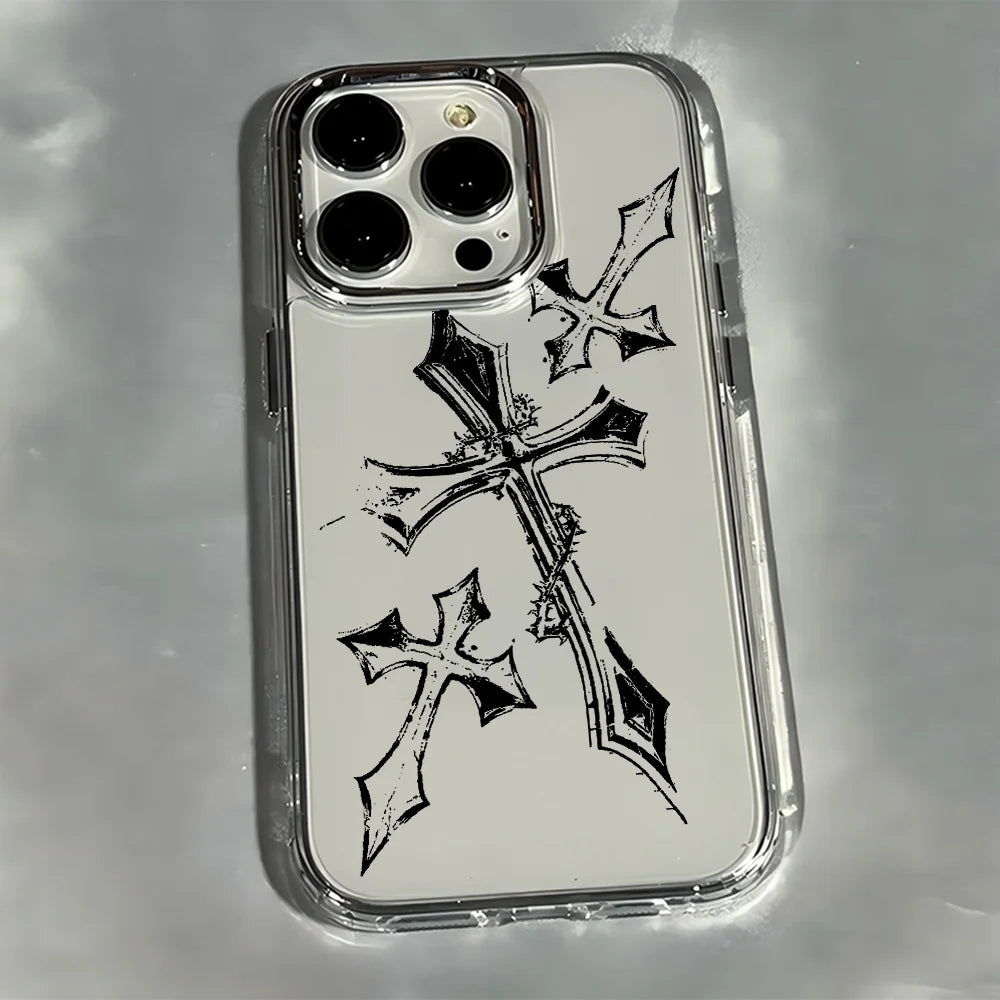 Luxury Dark Gothic Cross Mark Phone Case For iPhone 17 16e 16 15 14 13 12 11 mini Pro Max X XR XSMAX 8 7 Air Plus Soft Cover