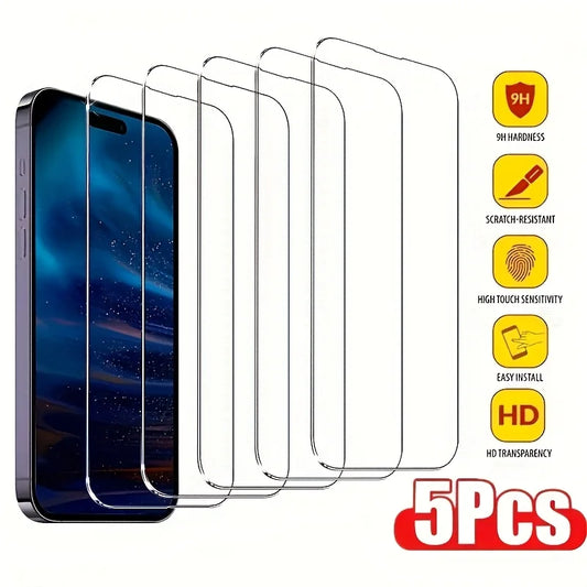 5Pcs Tempered Glass for iPhone 16 15 14 13 12 11 Pro Max Plus 16e Screen Protector For IPhone 17 Pro Max 17Air XR XS Max Glass