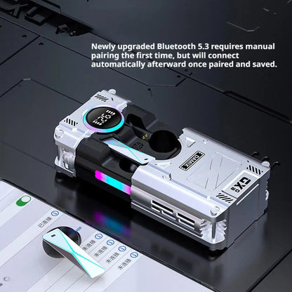 New 2026 DX-08 Mecha Wireless Earbuds Bluetooth 5.3 RGB LED Power Display 72H Playtime Low Latency Gaming Earphones