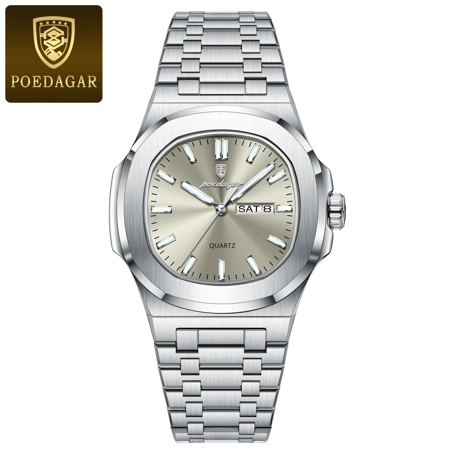 POEDAGAR Classic Square Men Wristwatch Waterproof Luminous Date Week Casual Man Clock Stainless Steel Men's Quartz Watches Reloj