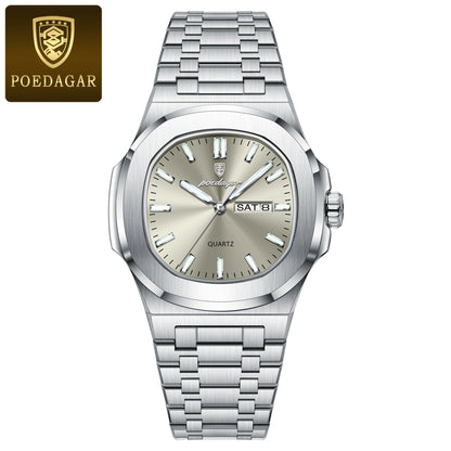 POEDAGAR Classic Square Men Wristwatch Waterproof Luminous Date Week Casual Man Clock Stainless Steel Men's Quartz Watches Reloj