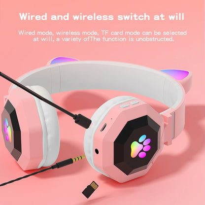 Flashing LED Cute Cat Ears Headphones Bluetooth Wireless Headset with Mic TF FM Kid Girl Stereo Music Earbud Kitten Earphon Gift