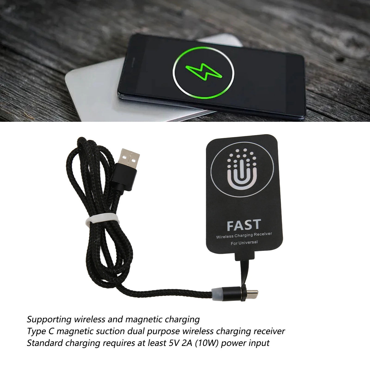 Wireless Charger Receiver 10W Ultra Thin Type C Wireless Charging Patch with Magnetic Charging Cable