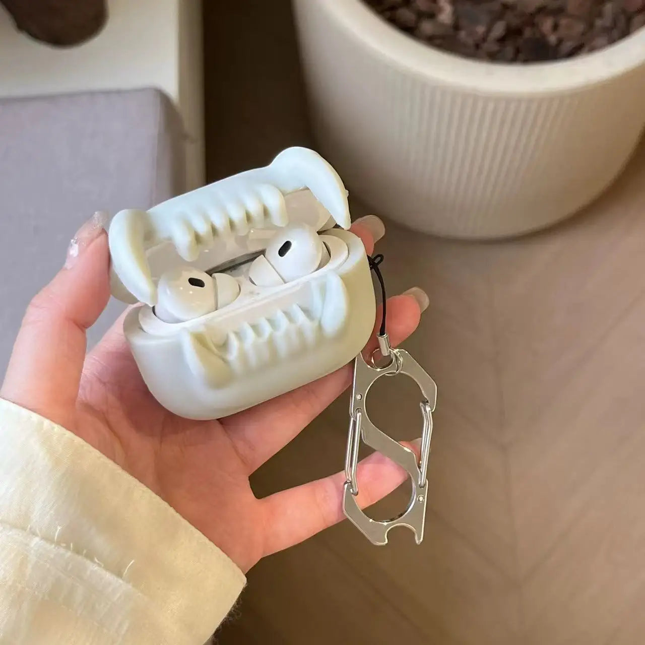 For AirPods 4 3 2 1 Pro Pro2 Earphone Case 3D Horrible Tiger Tooth Cartoon Headphone Box With Pendant Cool Cover