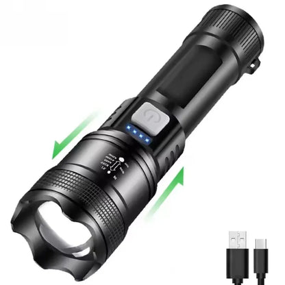 Powerful P70 LED Flashlights, Ultra Bright Tactical Light, Emergency Spotlights, Telescopic Zoom Light, Built-in Battery, 5000LM