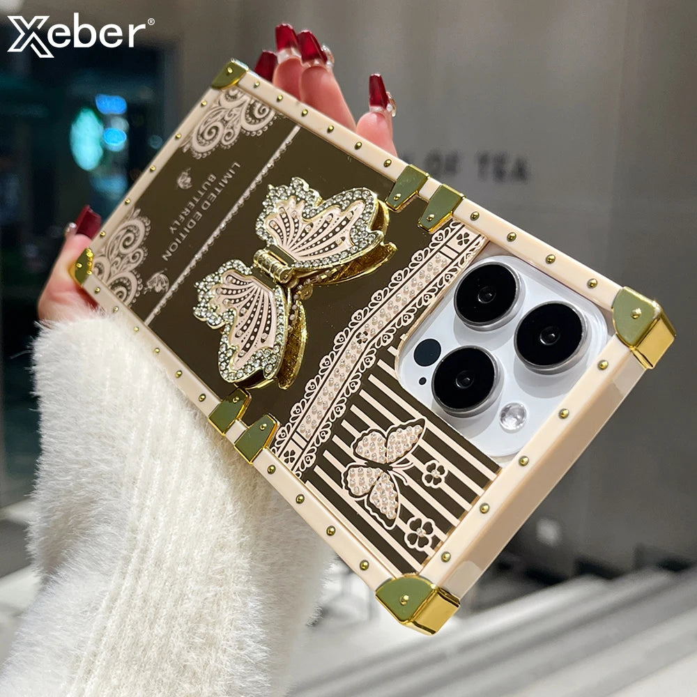 Luxury Diamond Butterfly Bracket Stand Phone Case For iPhone 16 15 Pro Max 14 13 12 11 Mirror Shockproof Protection Bumper Cover