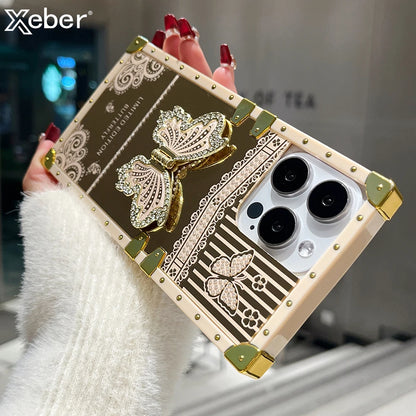 Luxury Diamond Butterfly Bracket Stand Phone Case For iPhone 16 15 Pro Max 14 13 12 11 Mirror Shockproof Protection Bumper Cover