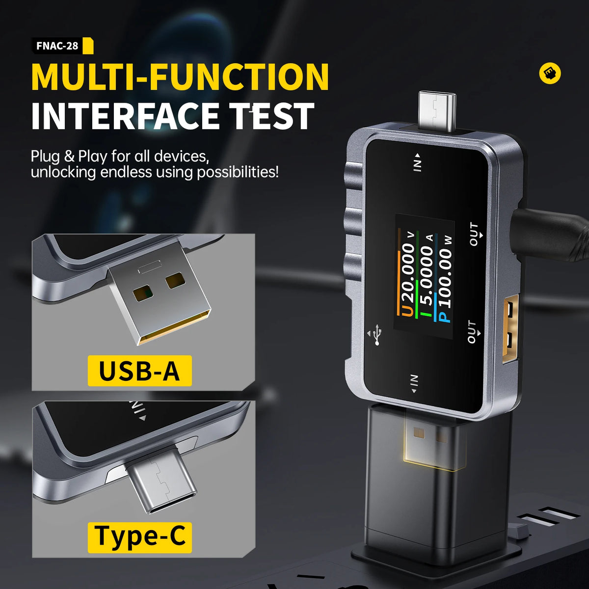 FNIRSI FNAC-28  Type-C USB Tester  2-IN-1 Digital Voltmeter Ammeter Amperimetor Voltage Current Meter Power Bank Charger Measure