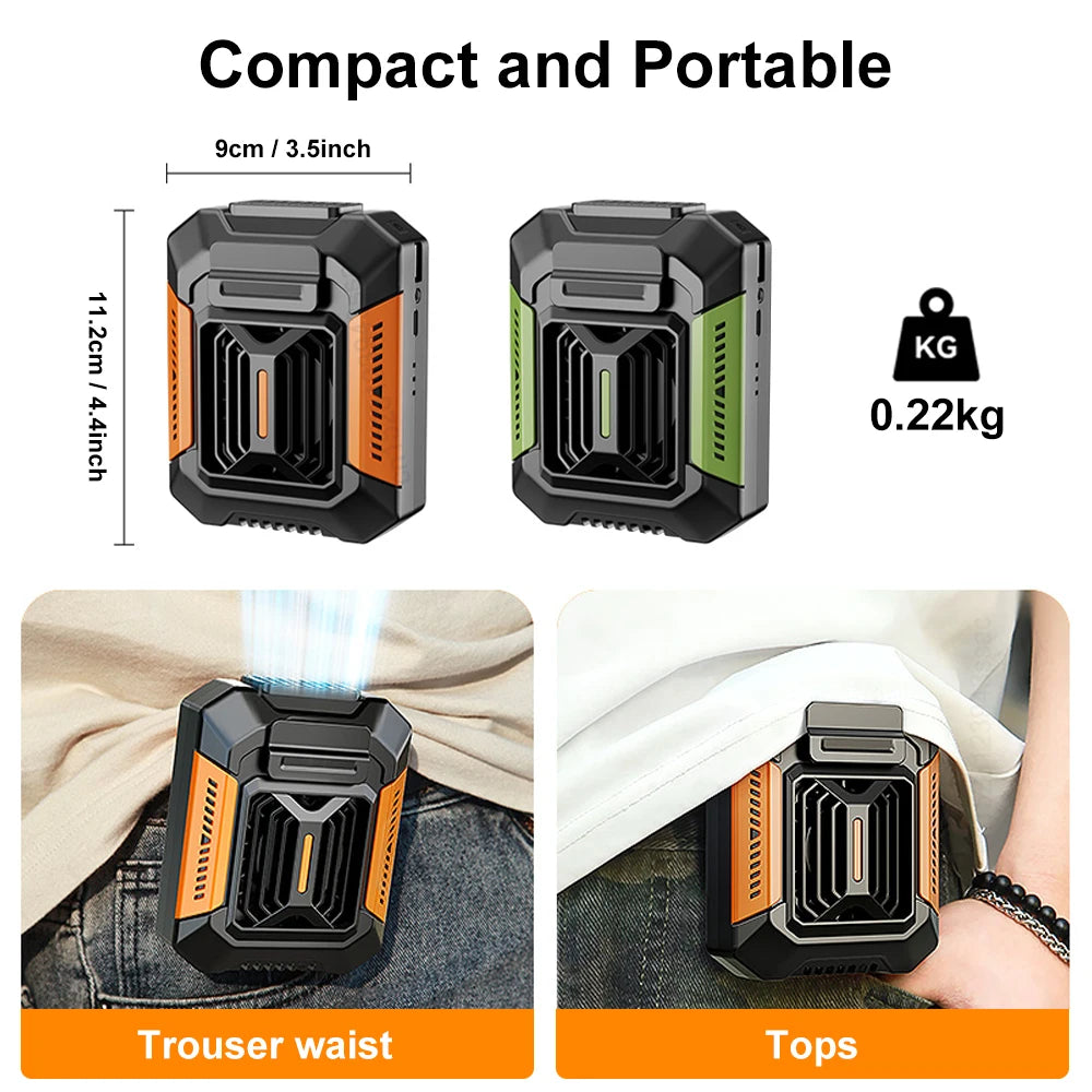 Portable Waist Fan Mini Hanging Neck Fan USB Rechargeable Fan Small Outdoor Camping Waist Clip Fan with LED Light Power Bank