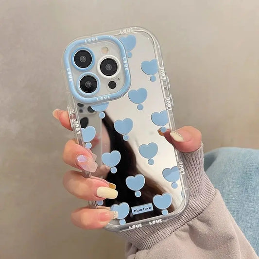 Simple Blue Love Bow Mirror Phone Case For iPhone 16 15 14 13 12 11 Pro Max XR XS MAX 7 8 PLUS MINI Y2K Shockproof Cover