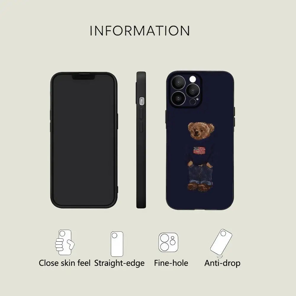 American Teddy Bear-P-POloS Phone Case Black Silicone Matte Phone Case For Iphone 17 Air 16 15 14 13 12 11 Pro Max TPU Soft Case