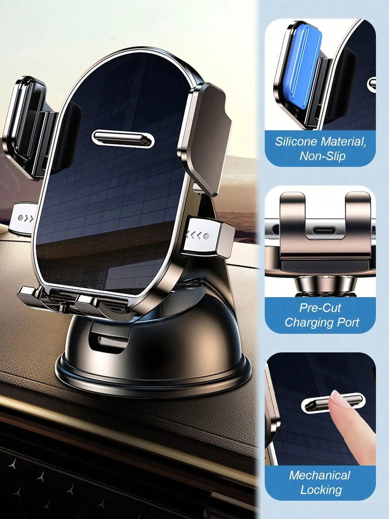 360° Rotating Dashboard Car Phone Holder - Suction Cup Base, Auto Lock, Shockproof, Universal Navigation Mount